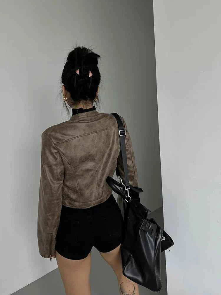 Women Retro Slim Stand Collar Leather Jacket