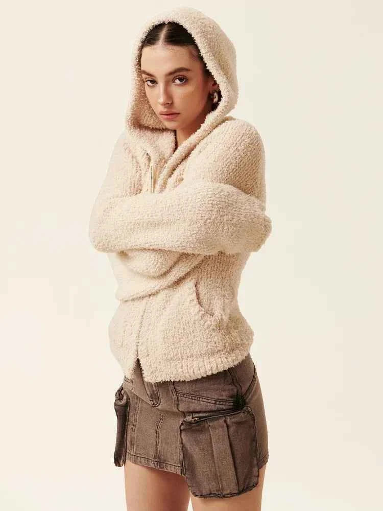 Cozy Vintage Brown Plush Hooded Puffer Sweatshirt