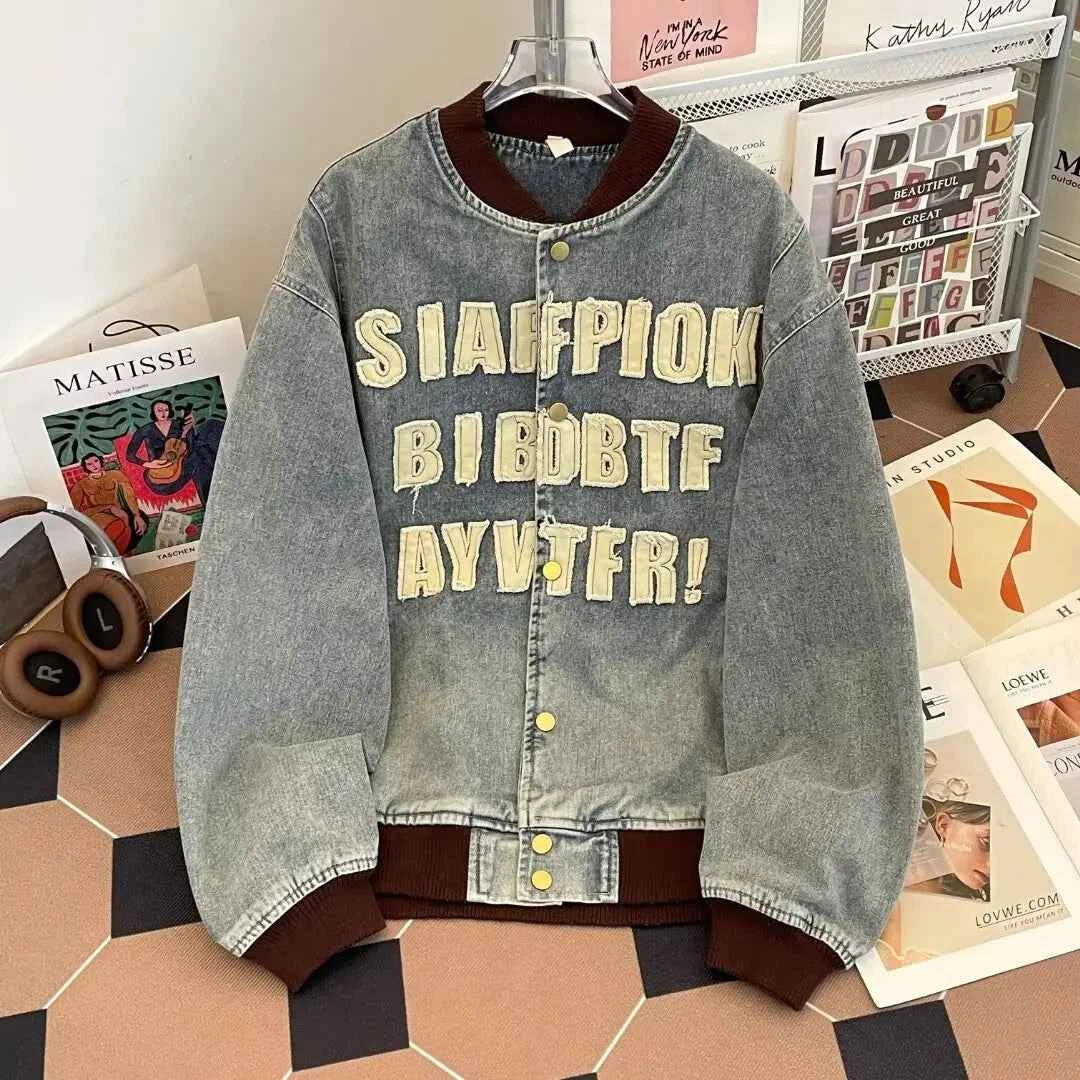 Vintage Distressed Denim Baseball Varsity Jacket