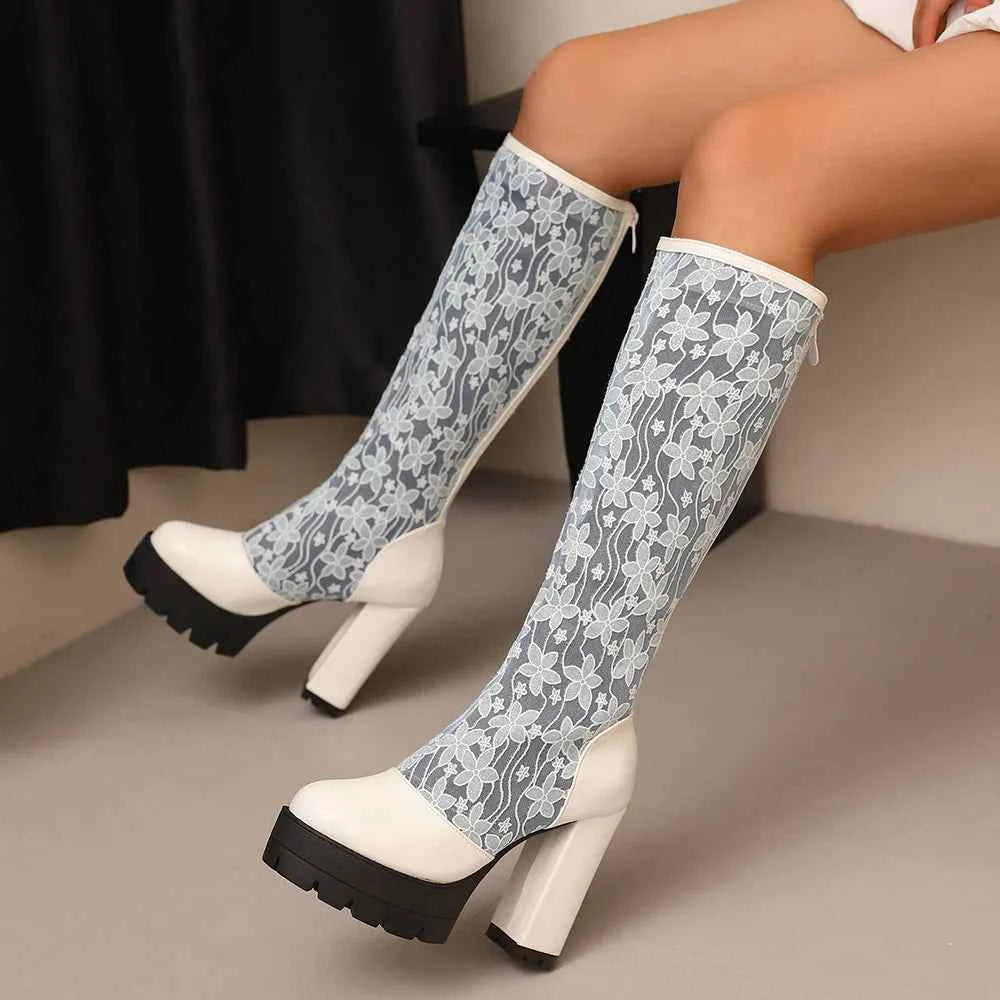 Graceful Sheer Floral Lace Knee High Boots