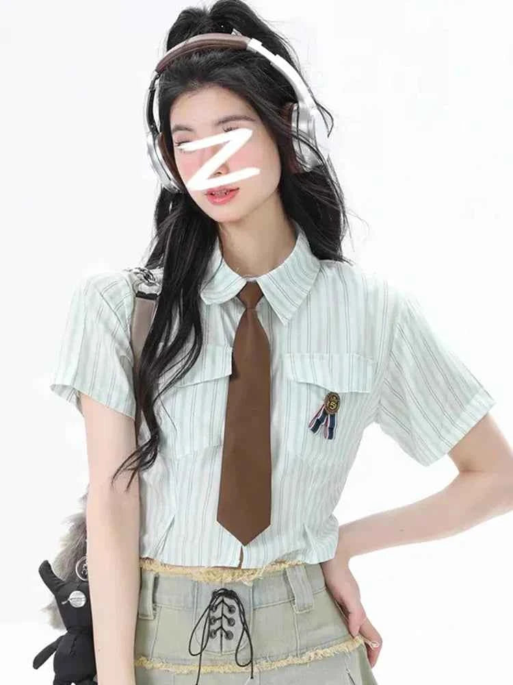 Y2K Women Streetwear Vintage Striped Tie Blouse Shirt