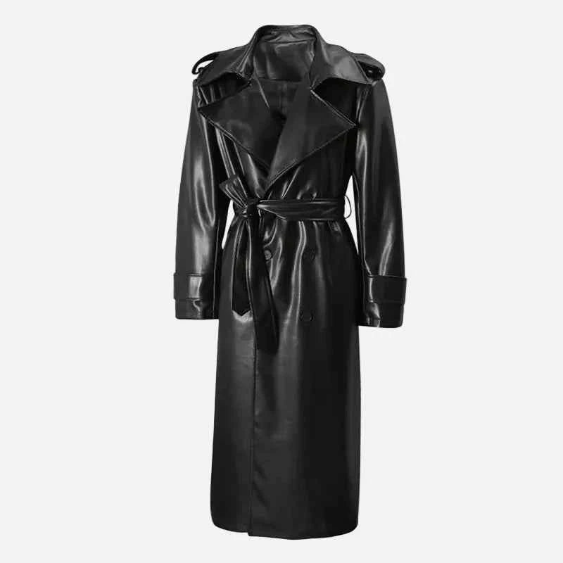 Stylish Black Leather Double Breasted Coat