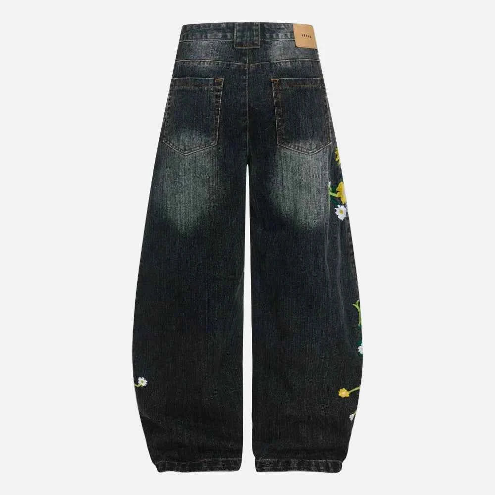 Trendy Distressed Flower Banana Wide Leg Jeans