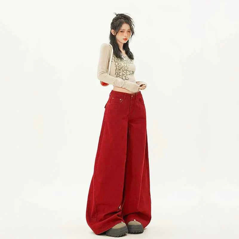 Trendy Cute Oversized Red Baggy Wide Leg Jeans