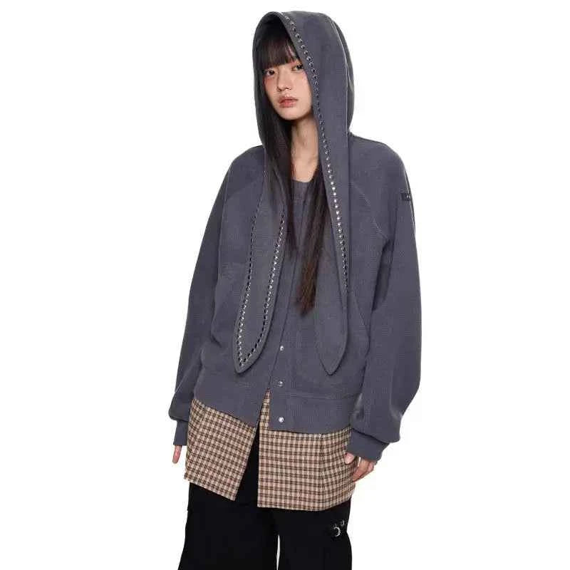Winter Rivet Rabbit Ears Loose Casulal Sweatshirt