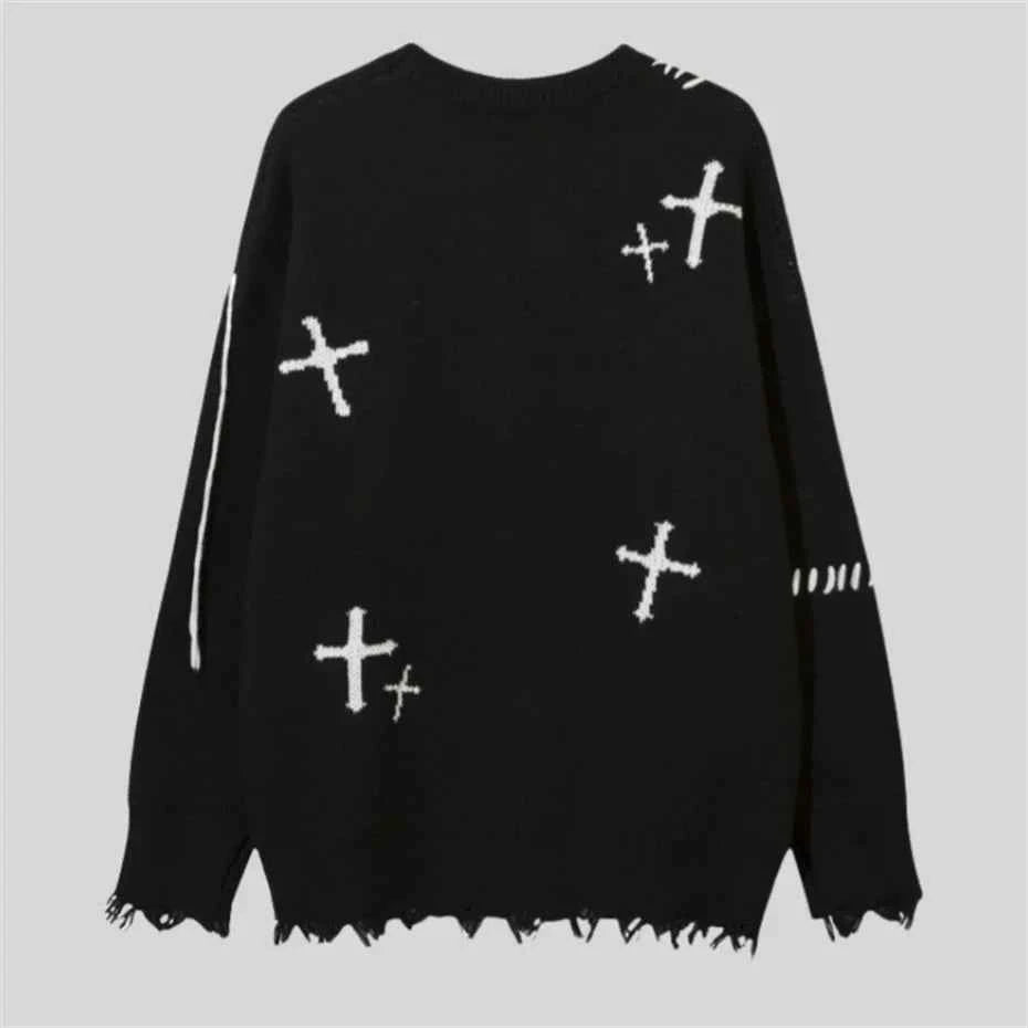 Gothing Vintage Heart Cross Torn Knitted Sweater