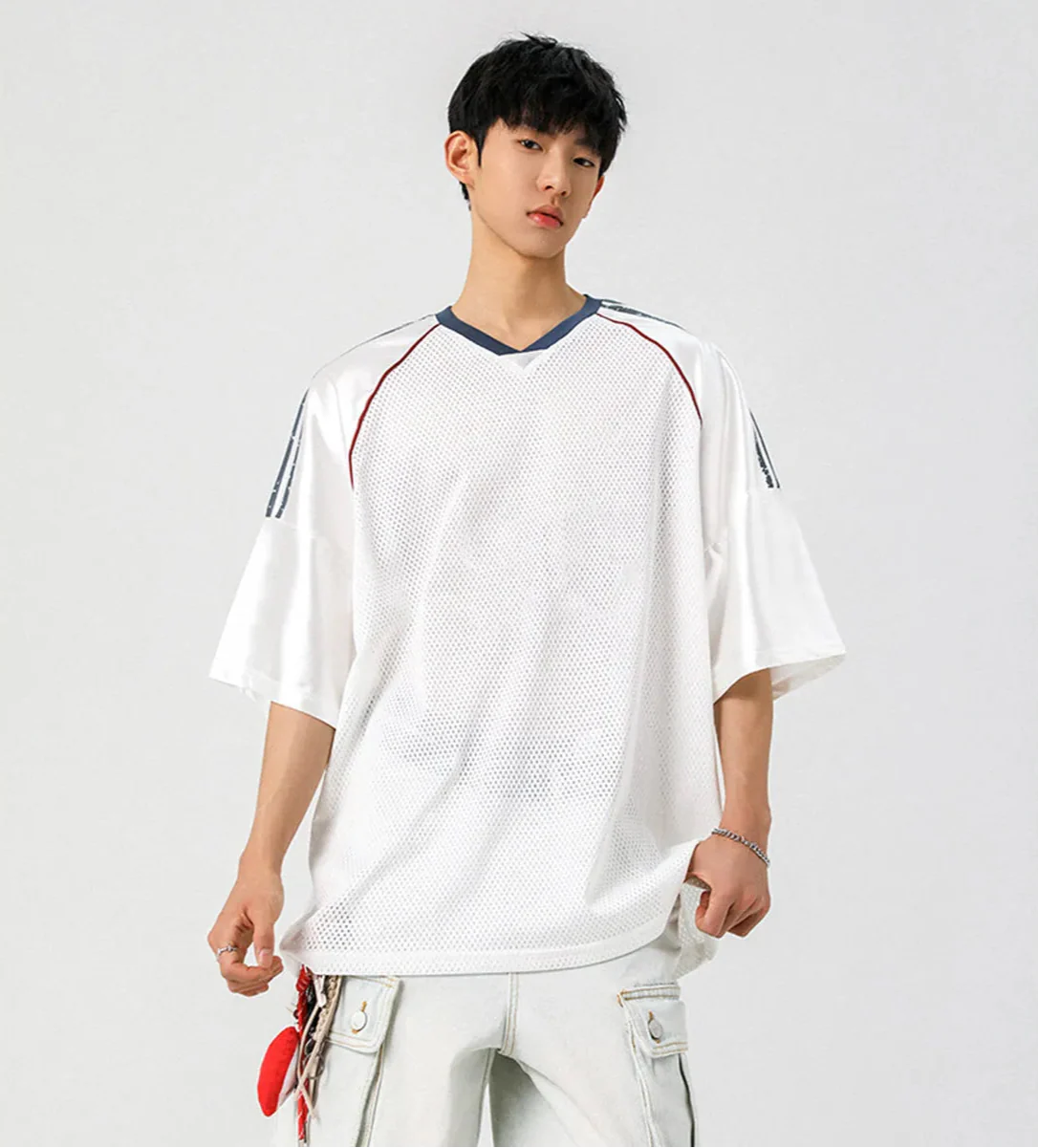 Casual Japanes Style Breathable Mesh V-Neck T-Shirt - Luxuryurbanwear
