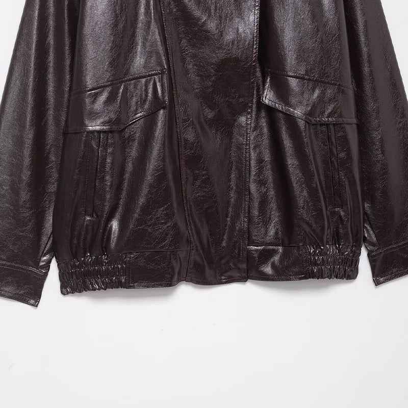 Streetwear Coffee PU Leather Zipper Jacket
