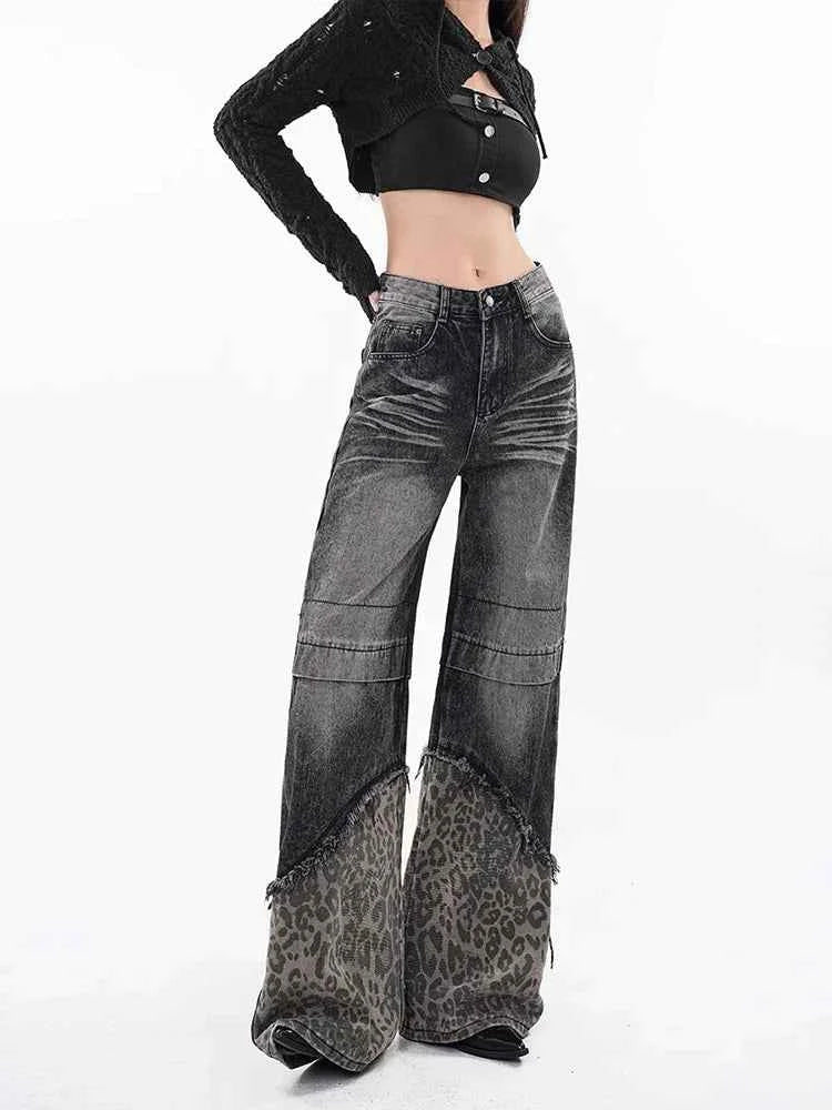 Minimal Look Leopard Spliced High Waist Jeans