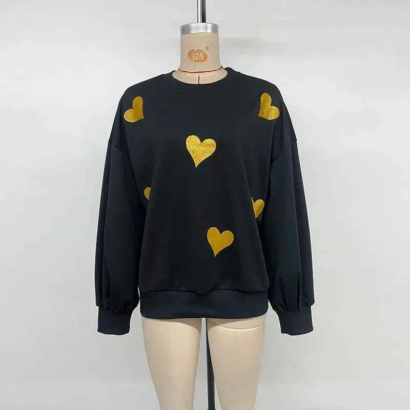 Women Cozy Heart Print Loose Sweatshirt