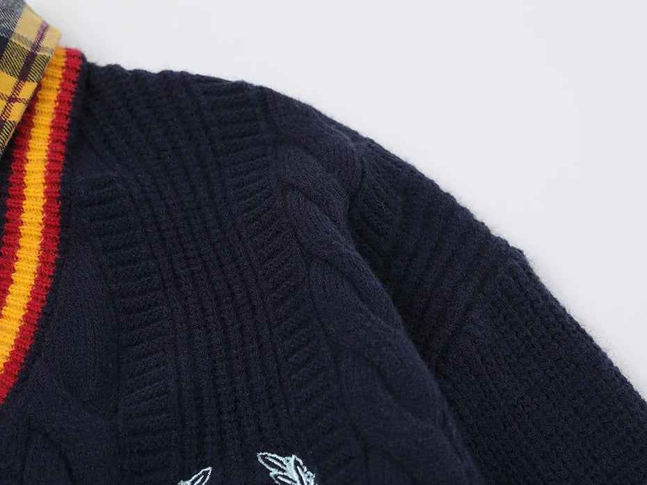 Oversized Varsity Patchwork Double Layers Knit Sweater