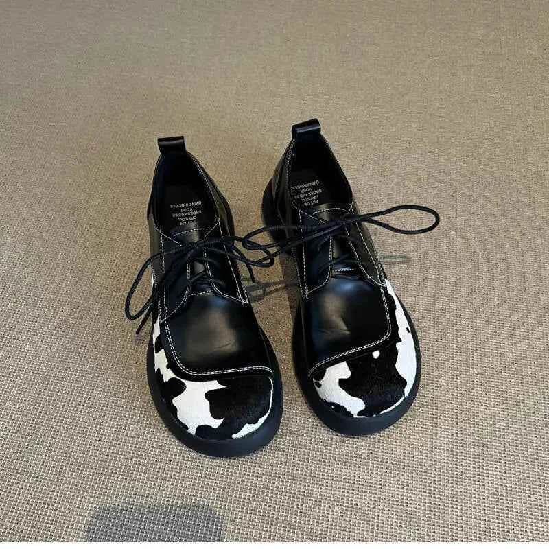 Cowhide Lace-Up Loafers Platform Shoes