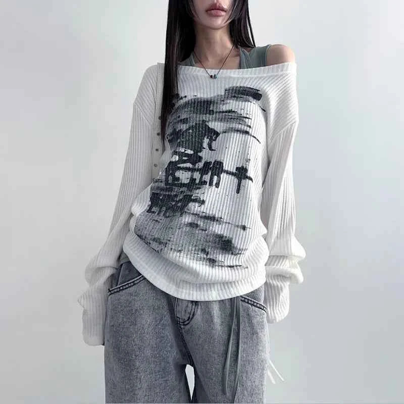 Vintage Graphic Printing Skew Collar Sweater