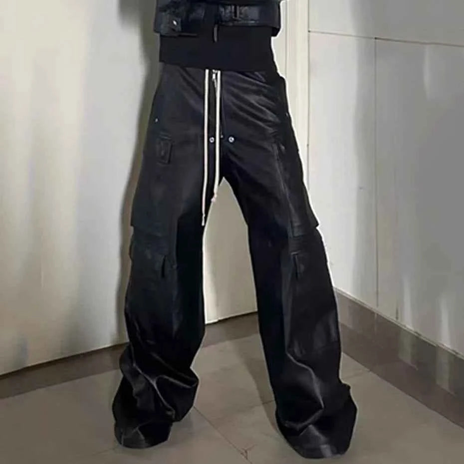 Streetwear Luxury Designer Black Cargo Leather Pants