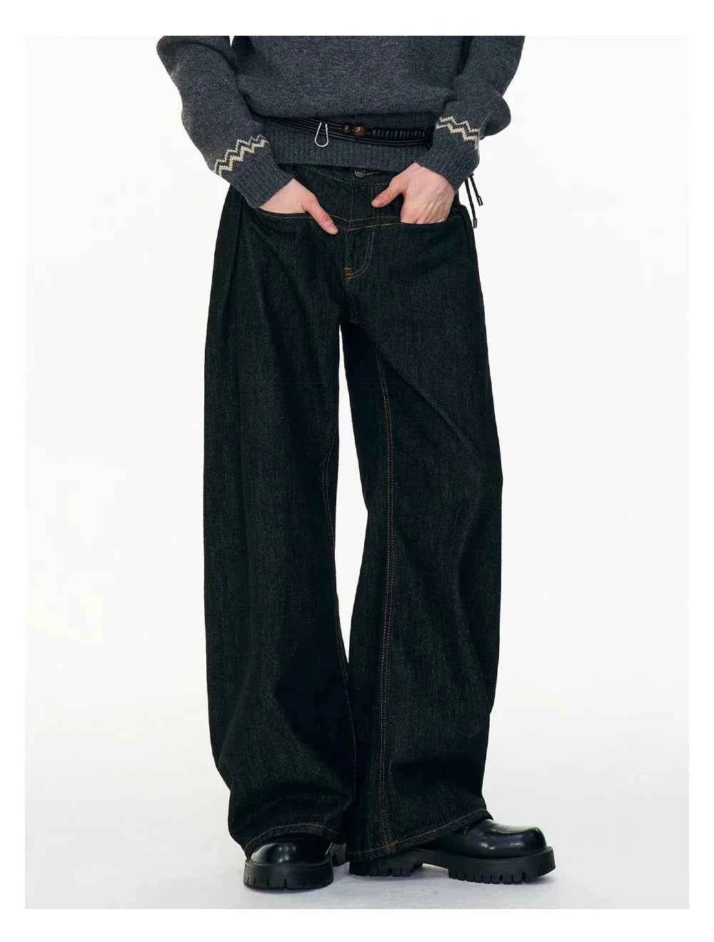 Solid Color Retro Dark Loose Wide Leg Jeans