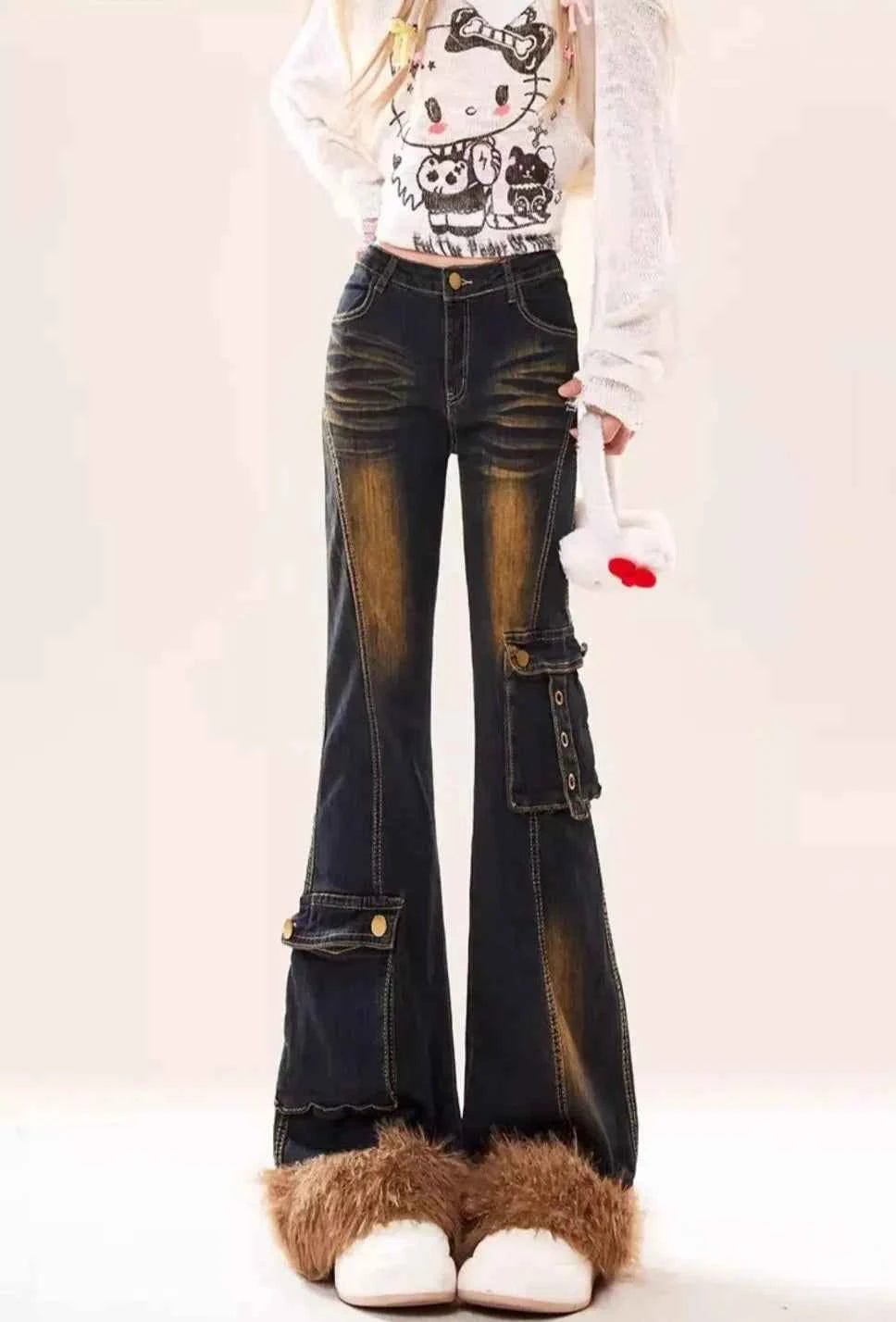 Vintage Patchwork Fringed High Waisted Jeans