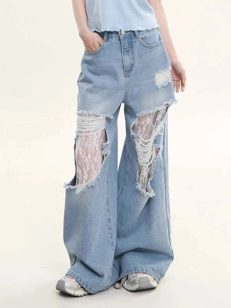 Women Vintage Lace Loose Fit Wide Jeans