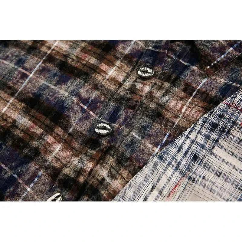Distressed Plaid Tie Dyed Color Long Sleeve Shirt