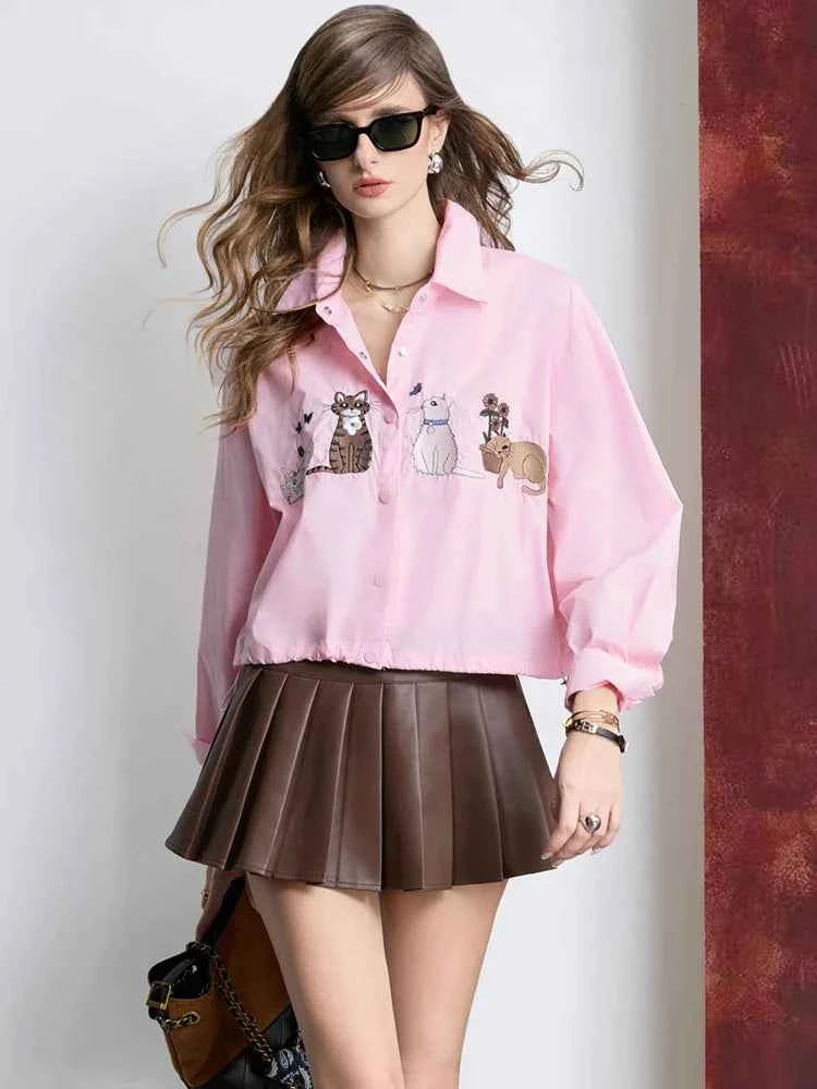Cute Cat Embroidered Loose Fit Long Sleeve Shirt