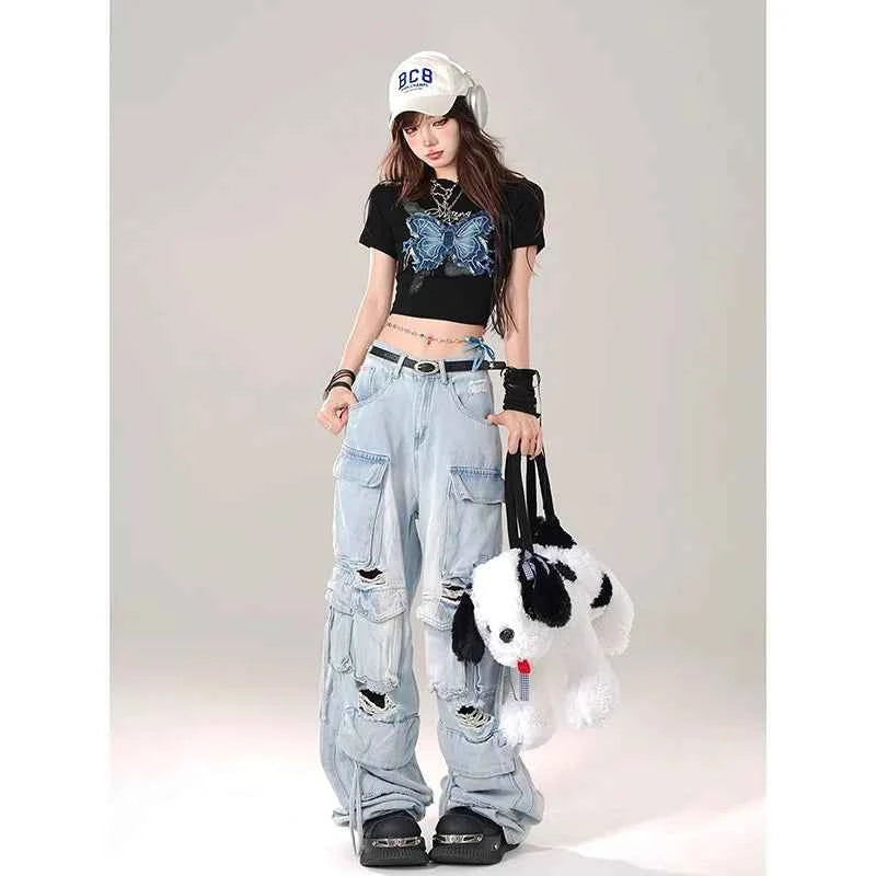 Breathable Y2K 90s Style Oversized Ripped Cargo Jeans