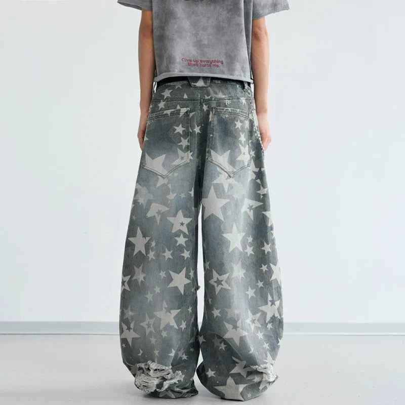 Star Printed Streetwear Wide Leg Denim Jeans