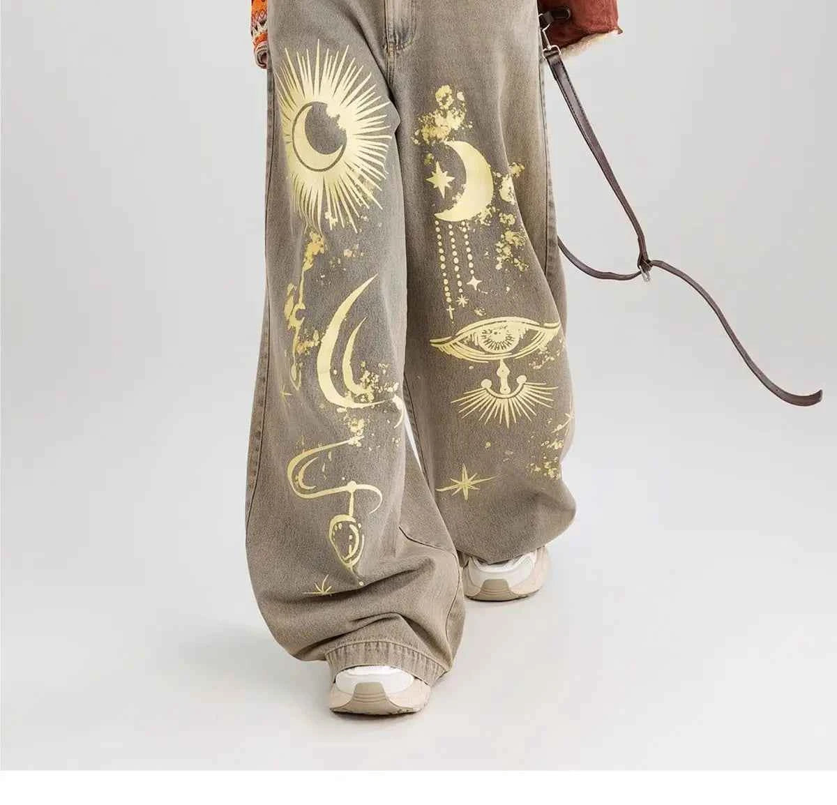 Effortless Graffiti Print Loose Vintage Wide Leg Jeans