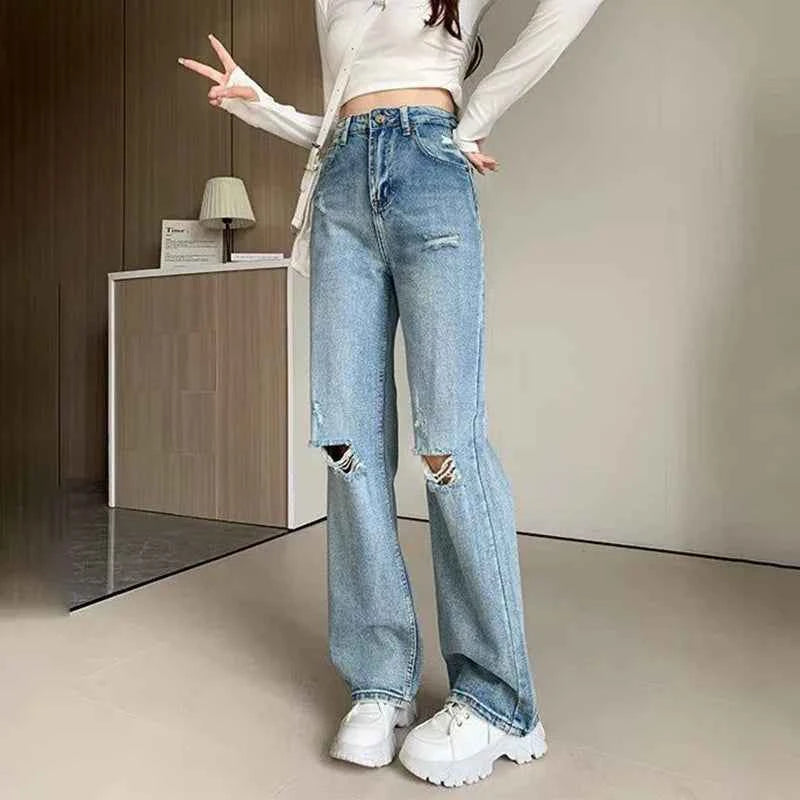 Chic Korean Style Light Blue Ripped Jeans