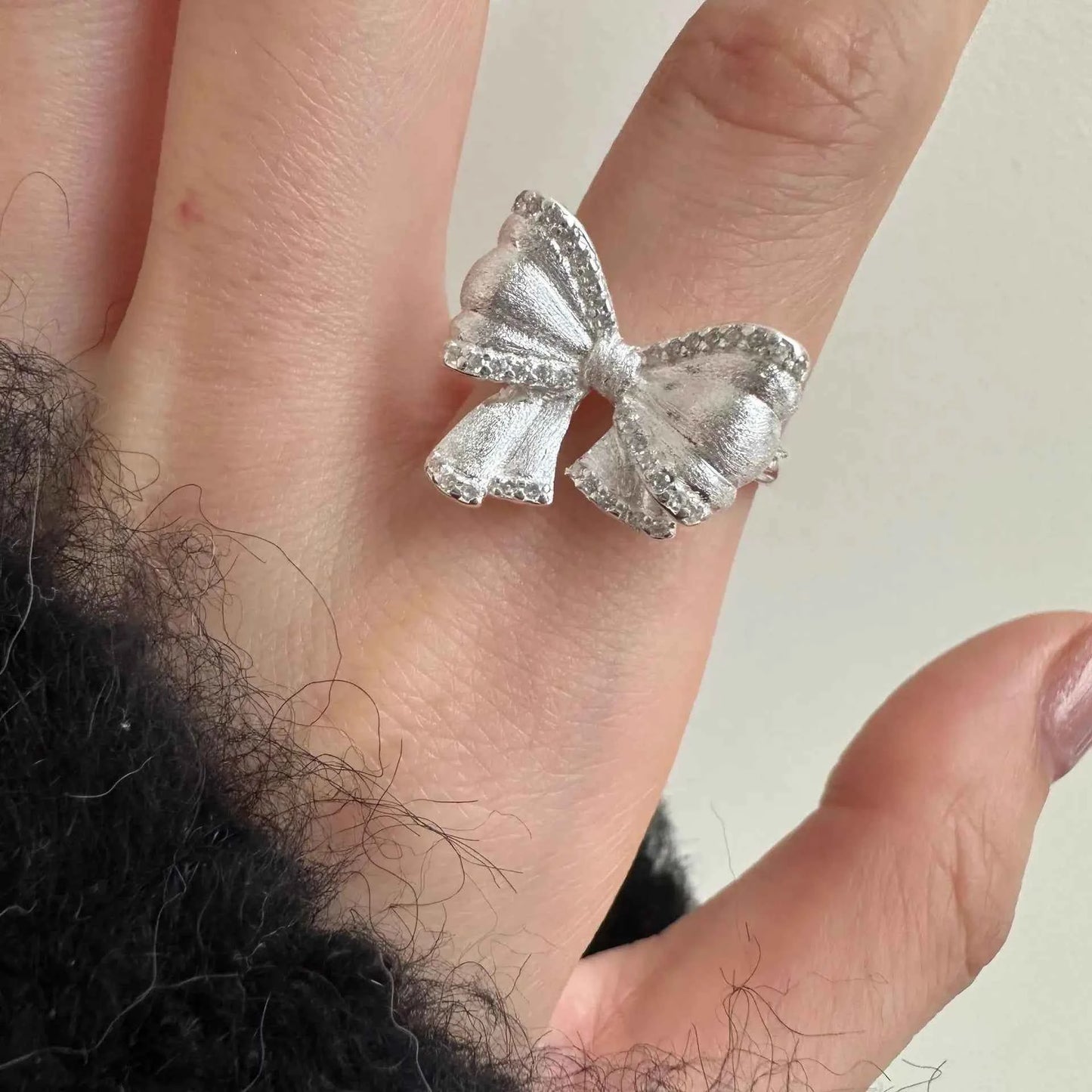 Adjustable Crystal Bow Silver Ring