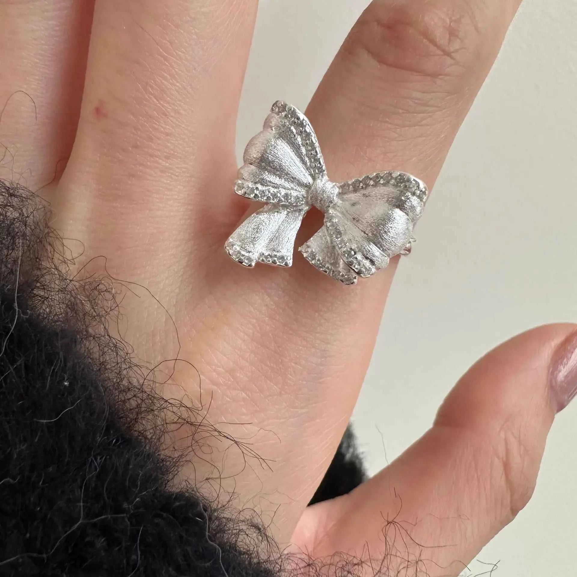 Adjustable Crystal Bow Silver Ring