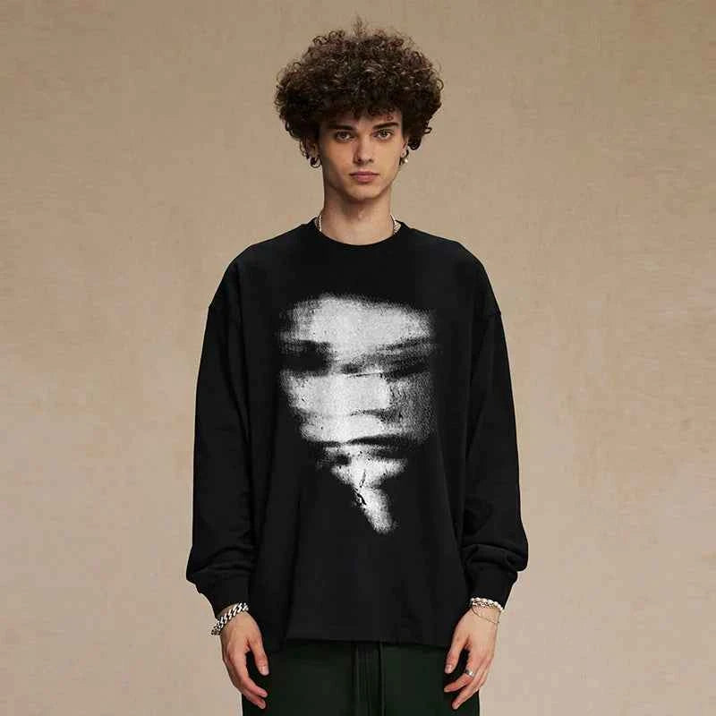Blurry Face Graphic Long Sleeve Cotton T-Shirt