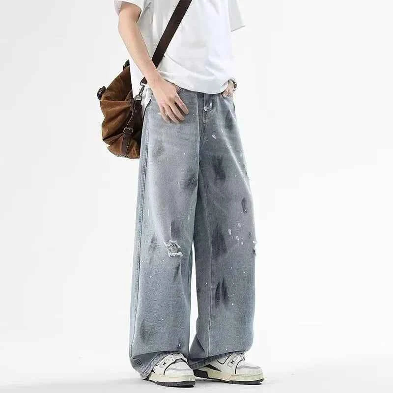 Ripped Baggy Graffiti Printed Denim Jeans