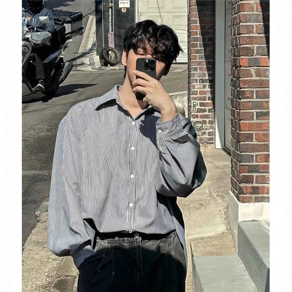 Streetwear Oversized Japanese Style Black Striped Shirt