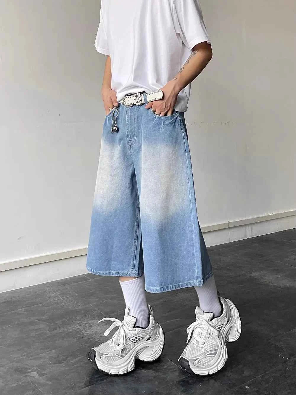 Fashionable Streetwear Loose Wide Leg Blue Wash Jorts