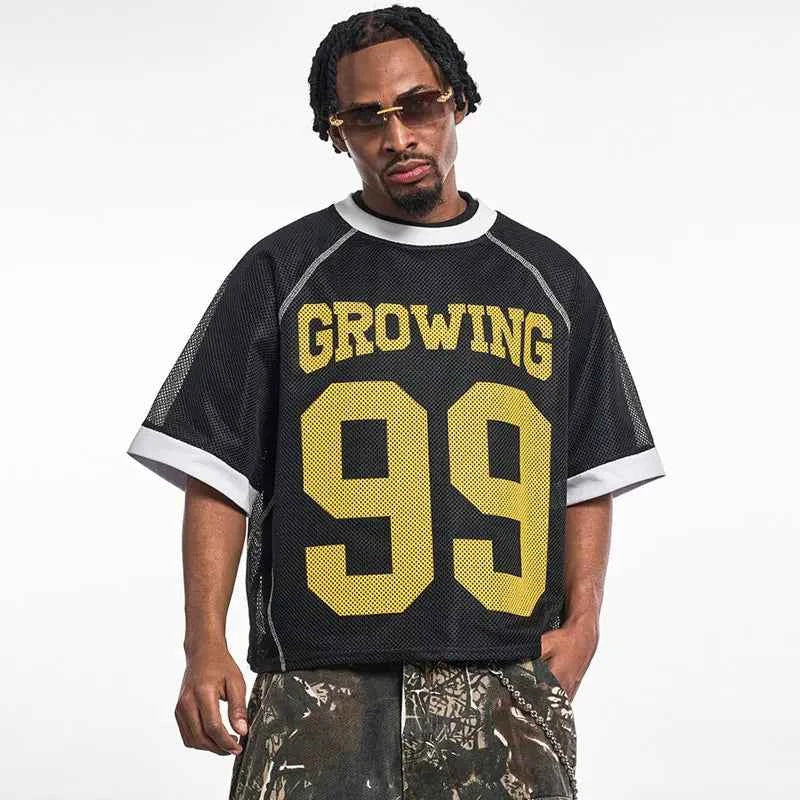 Y2K Patchwork Mesh O-Neck Collar Graphic Sport T-Shirt