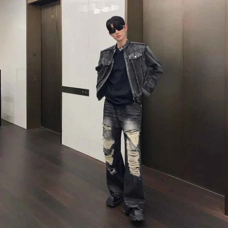 Streetwear Ripped Rugged Punk Washed Denim Jacket