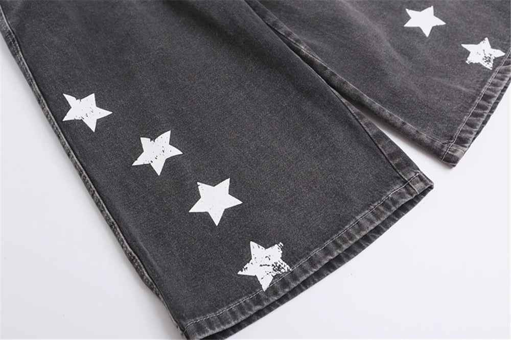 Summer Vintage Star Letter Printed Washed Denim Short