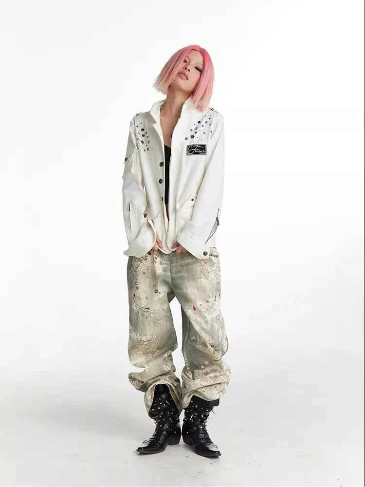 Retro Streetwear Punk Graffiti Print Baggy Jeans