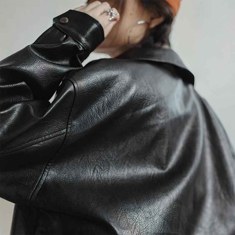 Women Retro Black Motorcycle Leather Jacket