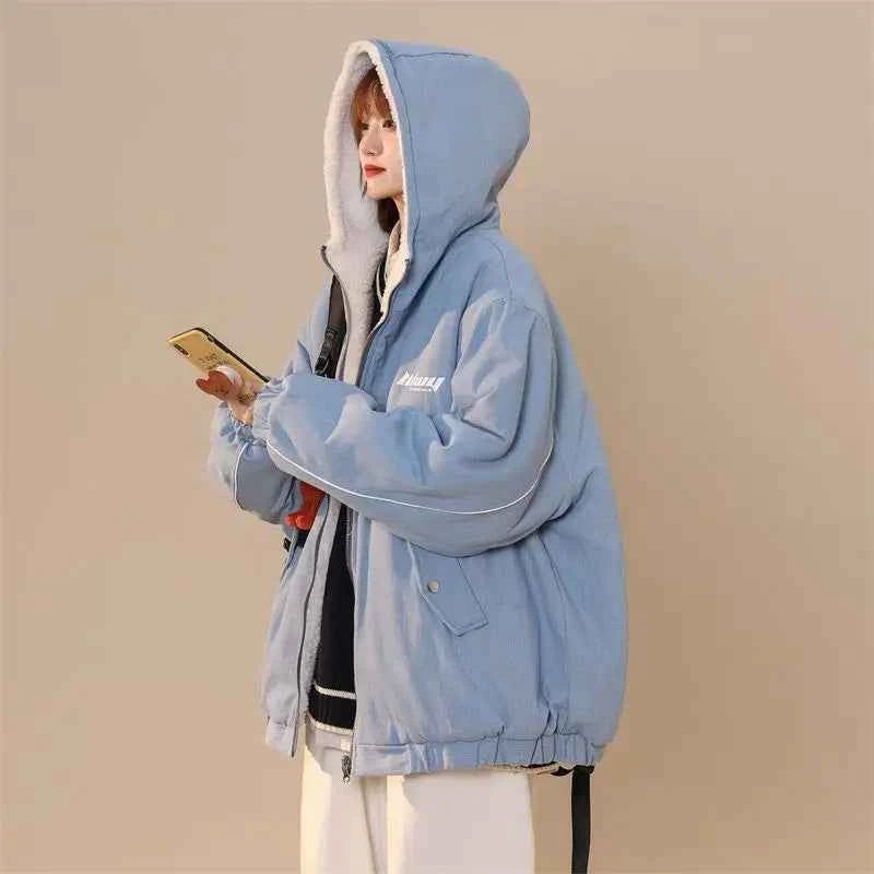 Women Winter Thickened Lamb Wool Hooded Jacket