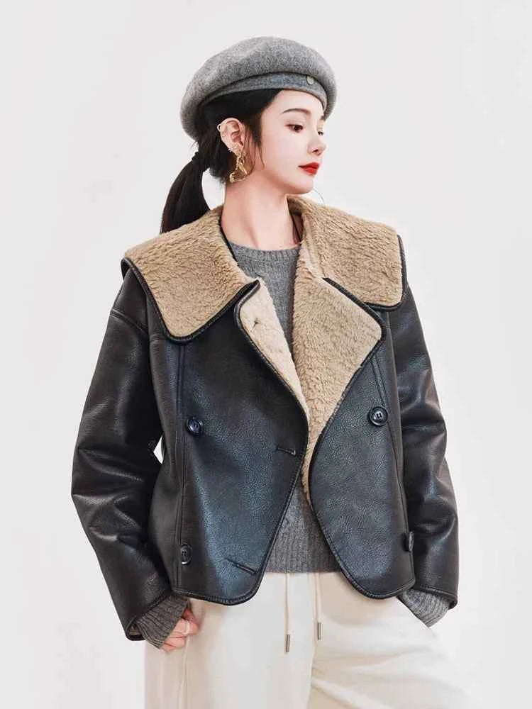 Women Warm Shearling Double Breasted Aviator Leather Jacket