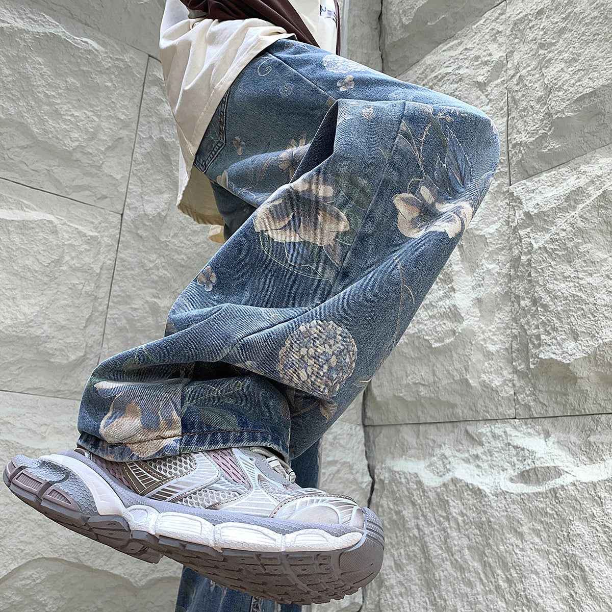 Cool Trendy Floral Printed Loose Fit Denim Jeans