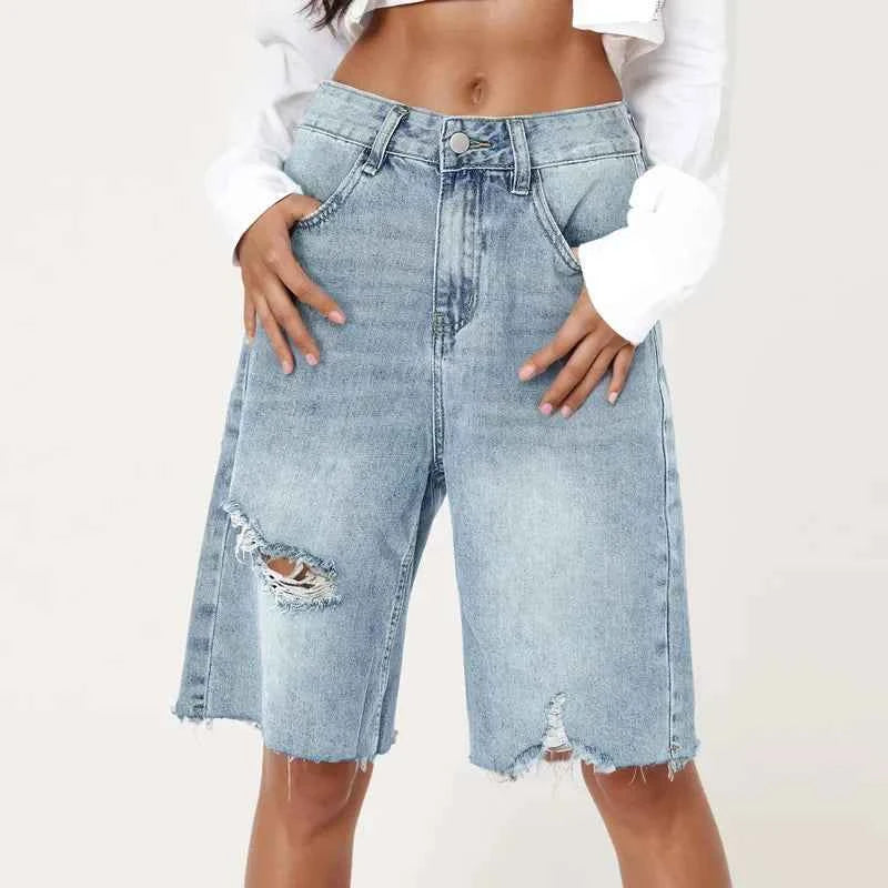 Women High Waist Raw Hem Denim Short