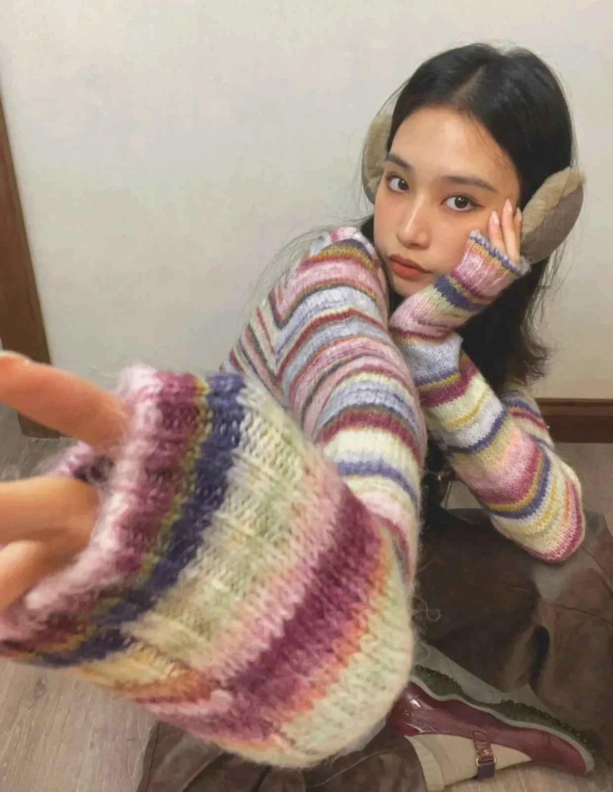 Y2K Women Rainbow Striped Turtleneck Sweater