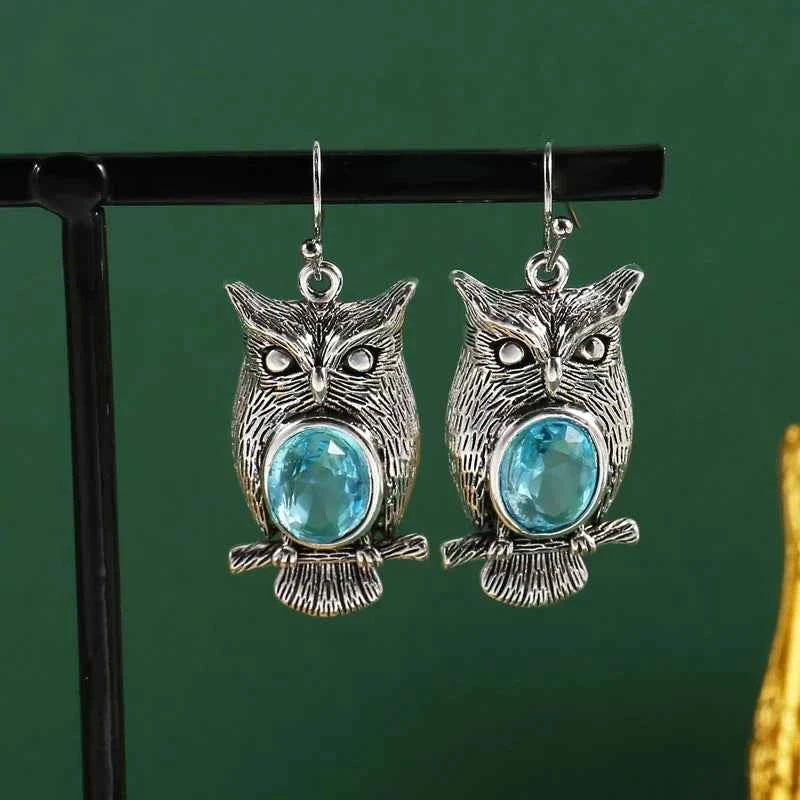 Inlaid Sea Blue Stone Vintage Owl Earring