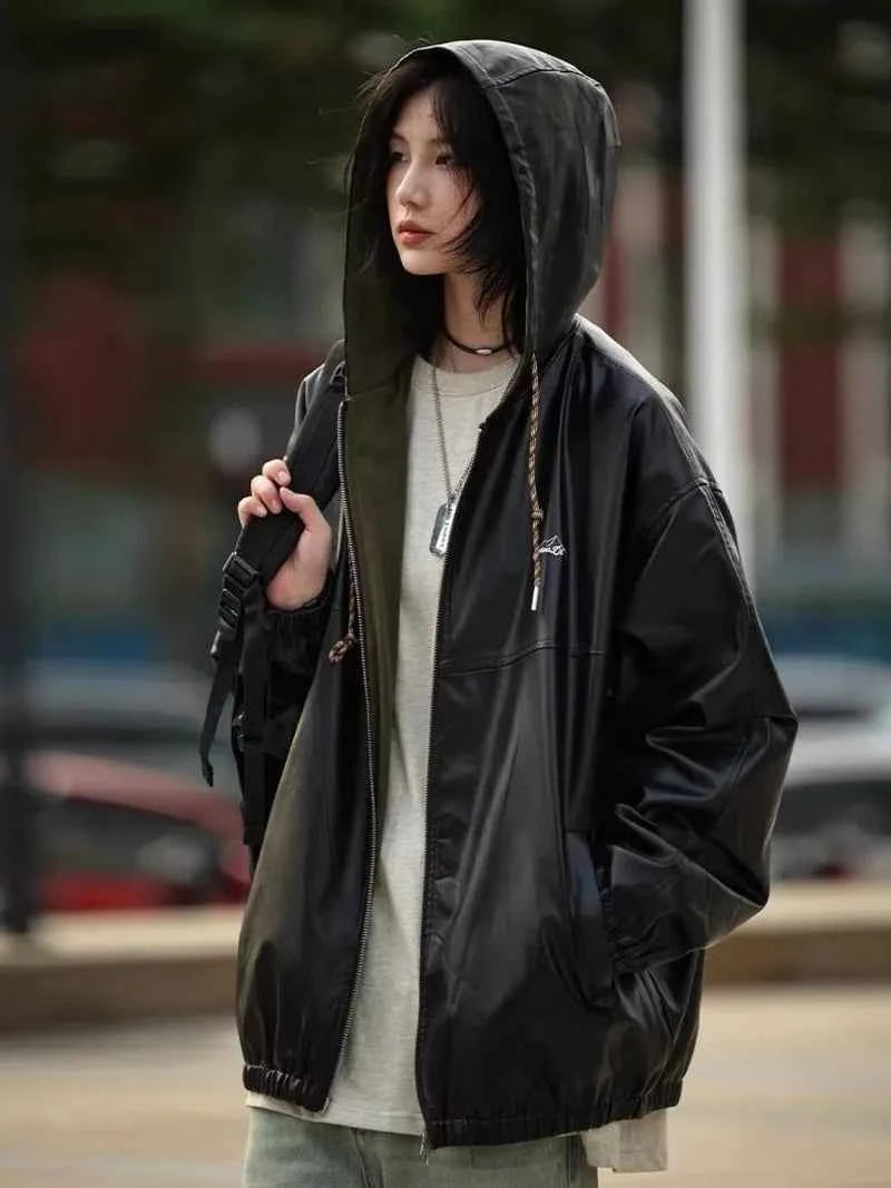 Chic Black PU Leather Hooded Zipper Jacket