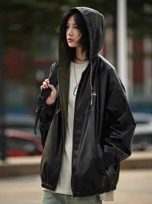 Chic Black PU Leather Hooded Zipper Jacket