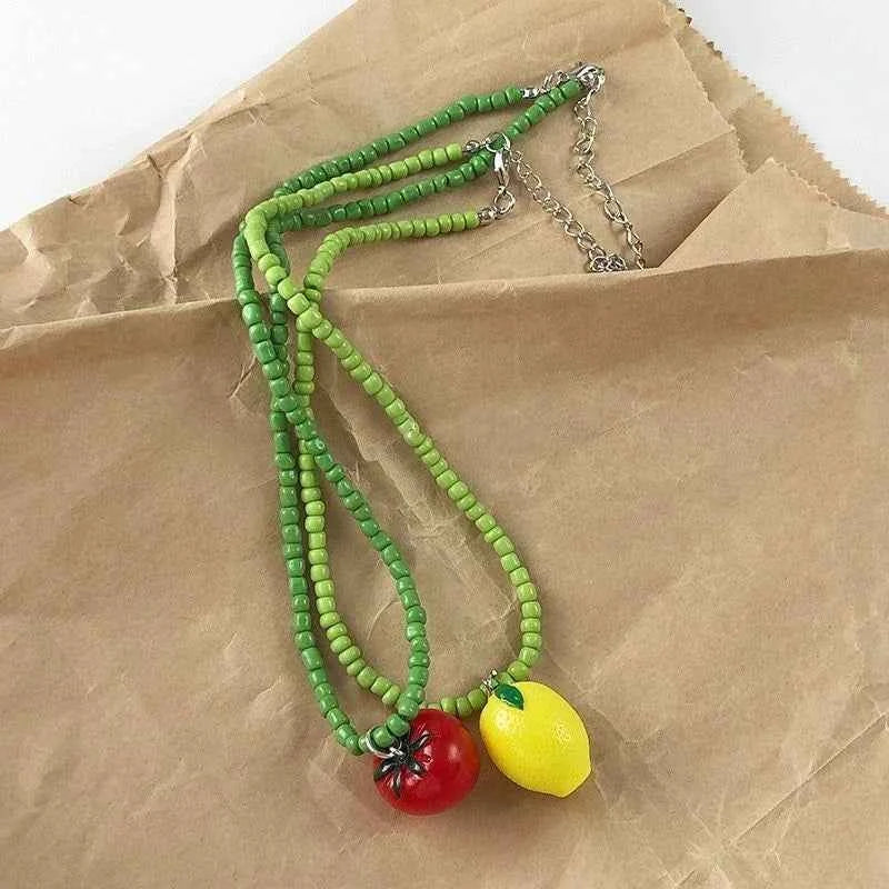 Vibrant Beaded Fruit Pendant Chain Necklace