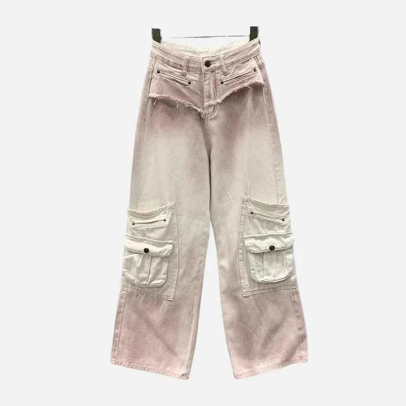 Durable High Waist Raw Edge Wide Leg Cargo Jeans