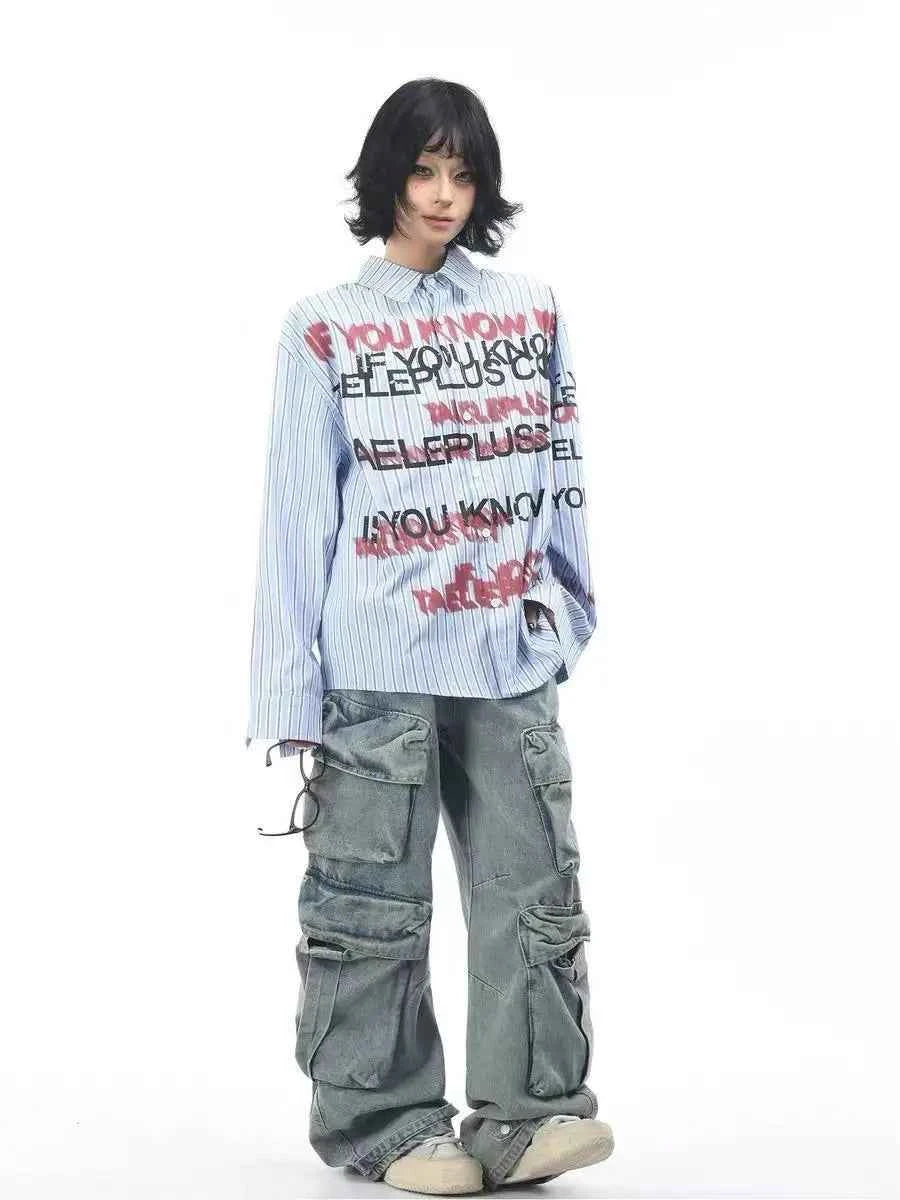 Y2K Autumn Contrasting Striped Letter Print Shirt