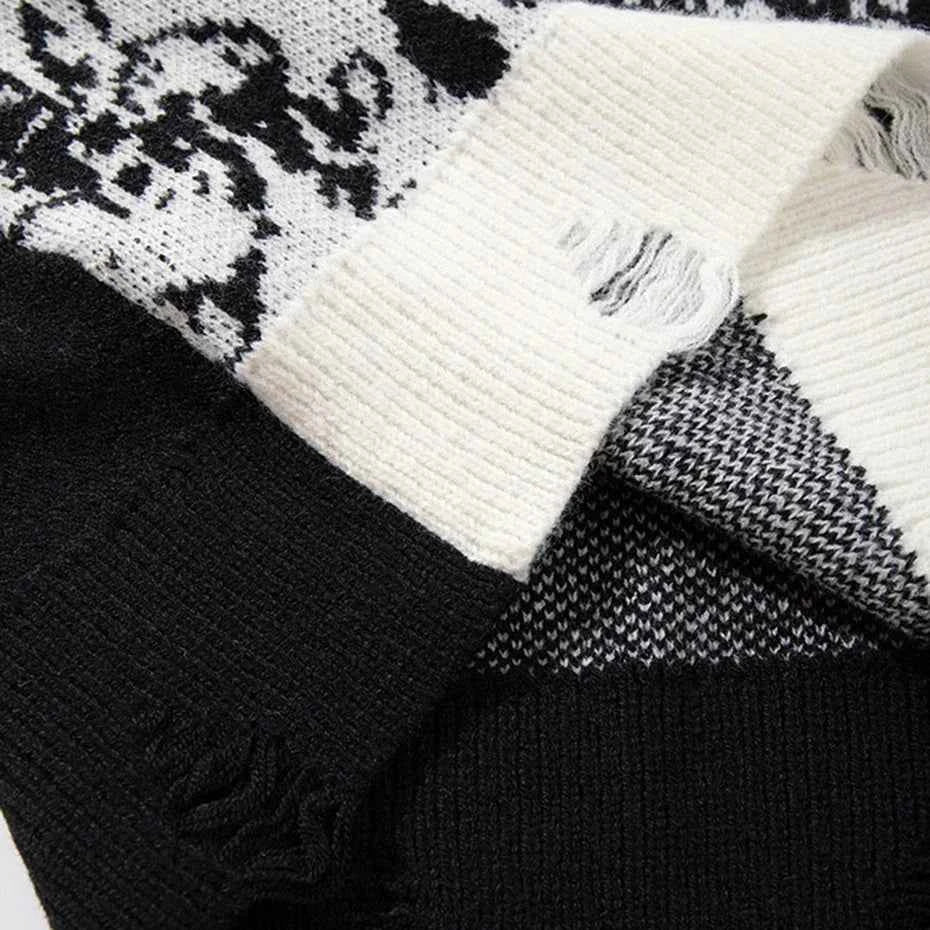 Signature Skulls Graphic Oversized Knit Ripped Sweater